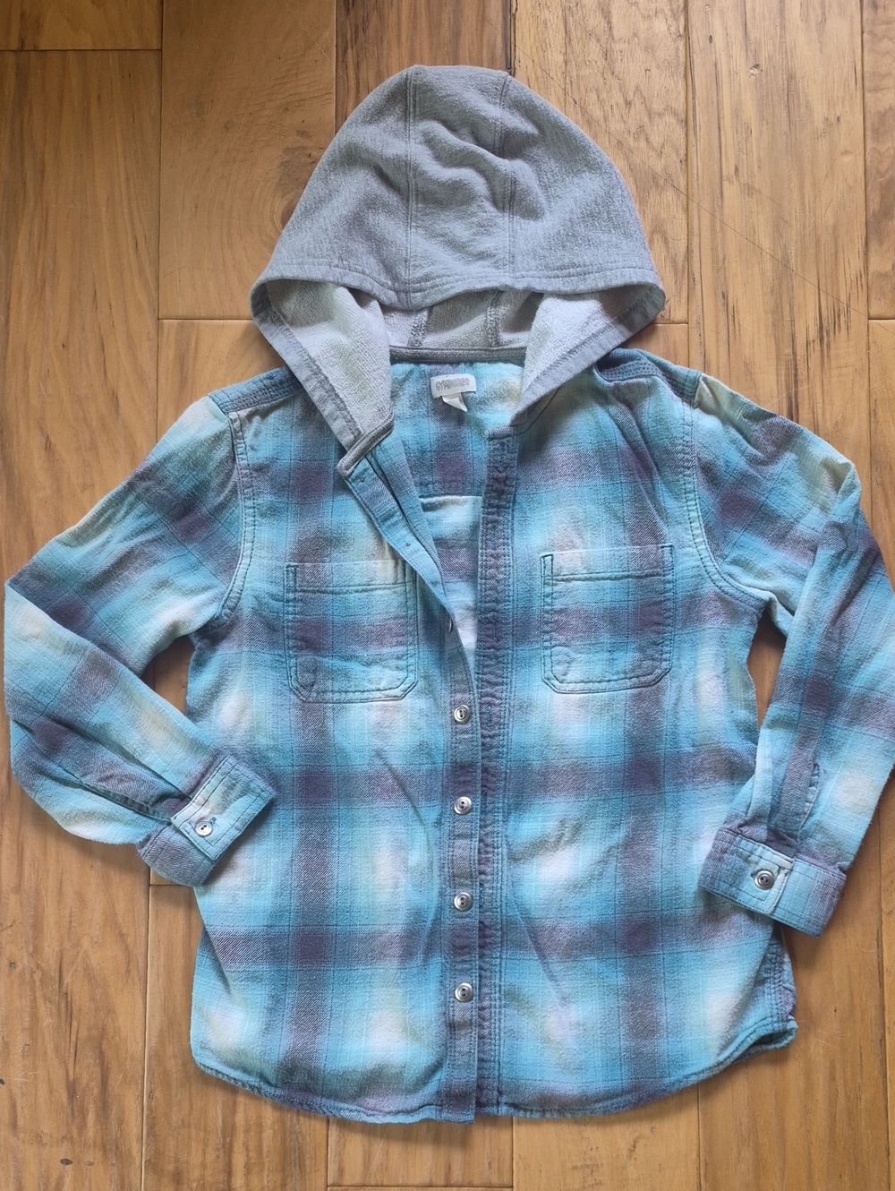 Teal and Gray Plaid Hooded Button-Down Shirt